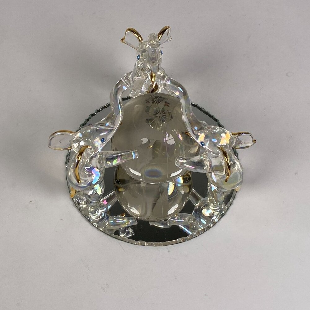 3 Hand Blown Glass Elephants on Globe Figurine Blue Rhinestone Eyes Mirror Base - Picture 2 of 11